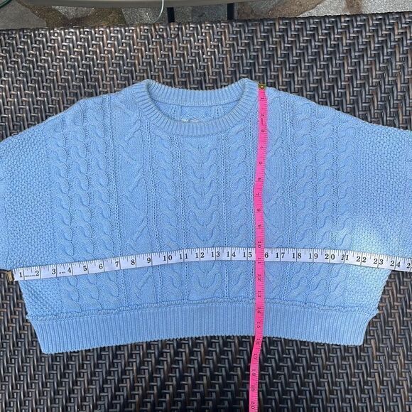 BABY BLUE OVERSIZED CROPPED CABLE KNIT CREW NECK SWEATER OS - Picture 8 of 9